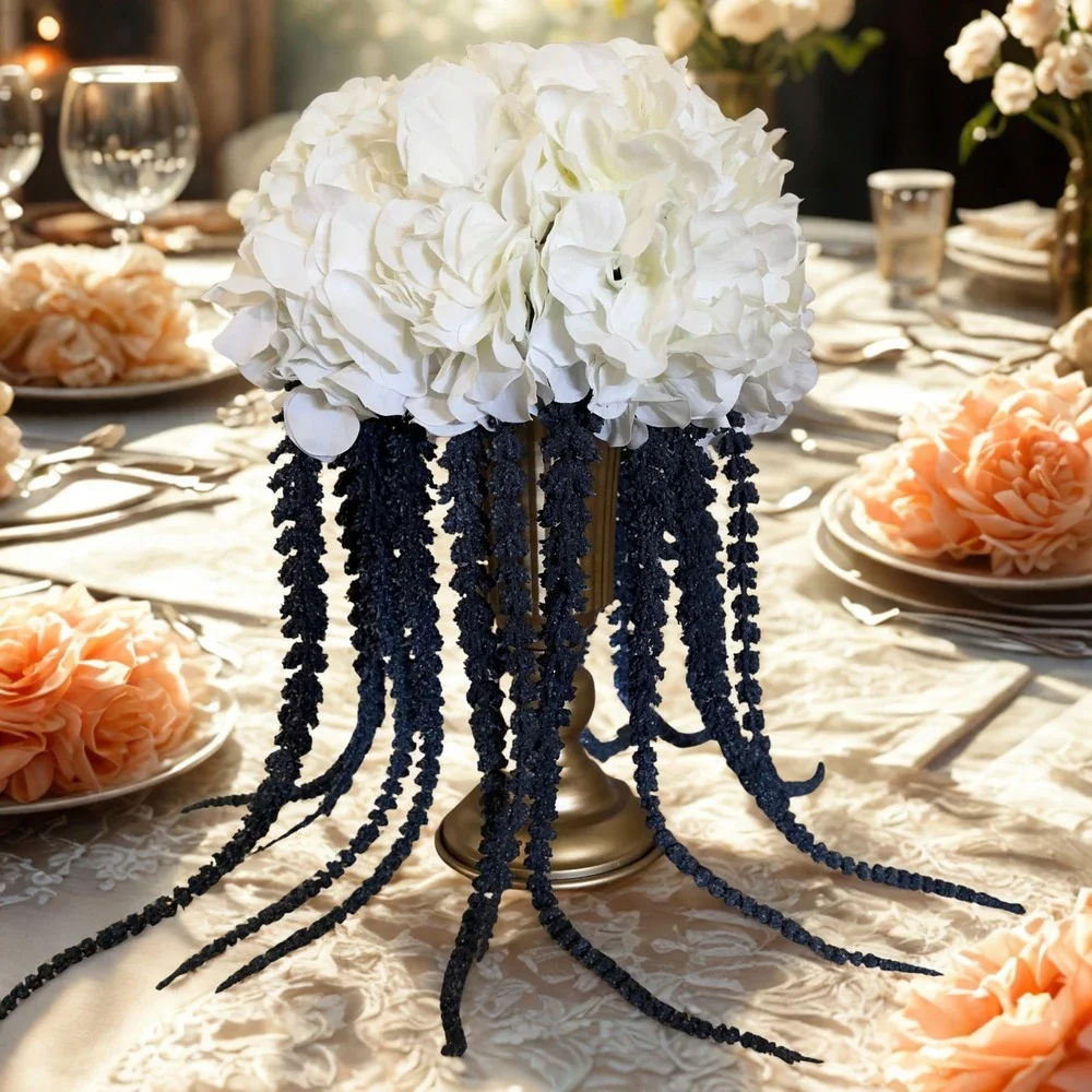 White Hydrangea and Blue Cascading Floral Centerpiece Arrangement in‎ Gold Urn
